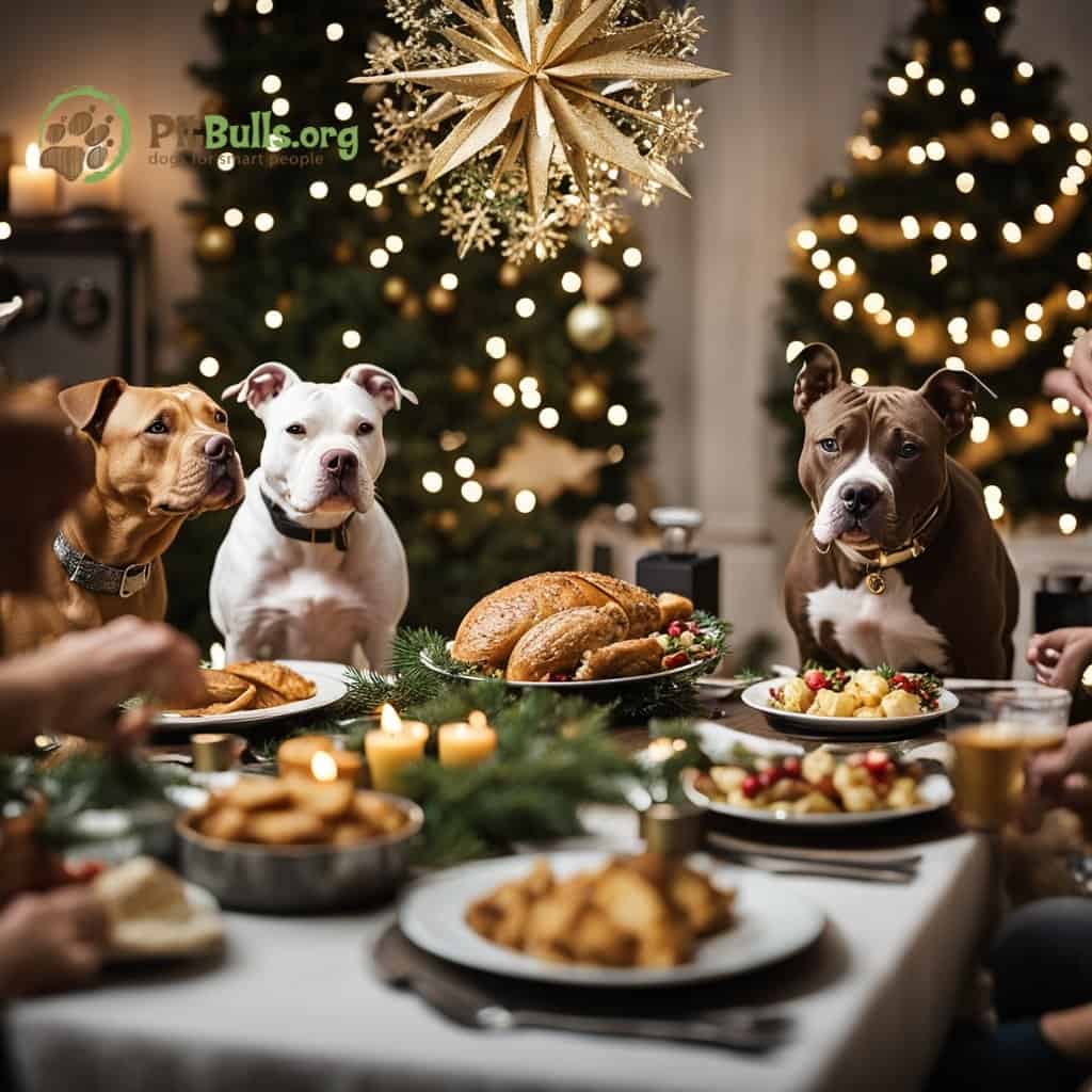 group of pitbulls in christmas dinner