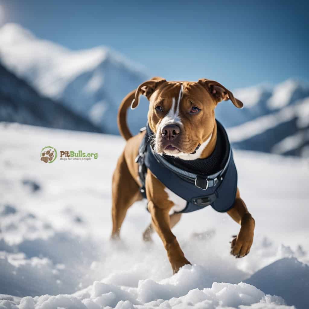 pitbull walking in snow
